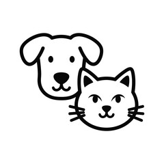 Cute black and white line art icon of a dog and cat face together