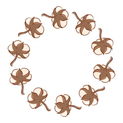 Simple flat style wreath of a cotton boll with stem isolated on white background. Design for textile, organic label, eco card and botanical project.