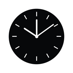 Black and white simple analog clock icon showing time isolated on