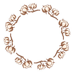 Ripe cotton boll wreath with opened seed in flat style. Card design for wedding.