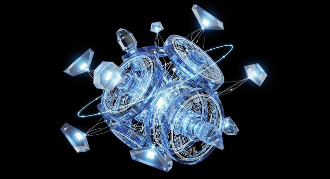 Abstract blue crystal gears and diamonds on black background image - Powered by Adobe