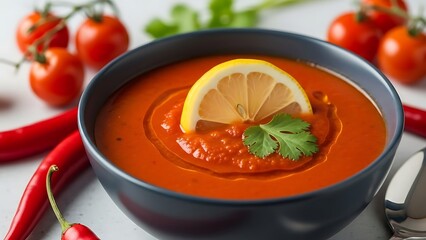 Spicy Tomato Soup with Lemon Slice and Fresh Ingredients Keywords: soup, tomato, red, spicy, chili