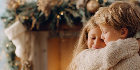 Two children hugging warmly in front of a beautifully decorated Christmas fireplace and tree. The cozy sweaters, golden ornaments, and soft lighting create a tender, inclusive holiday atmosphere.