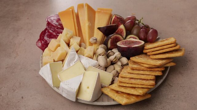 cheese set fruits and nuts on plate food zoom