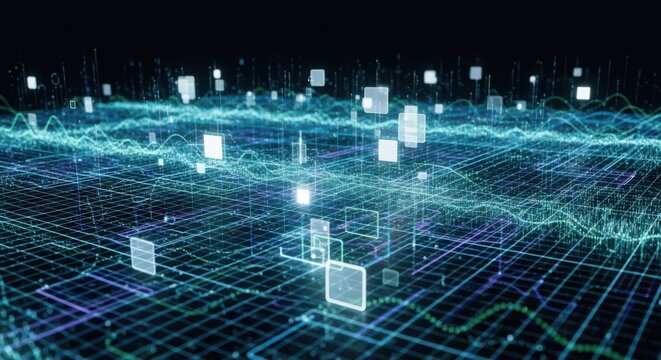 Digital grid with glowing data streams and floating squares technology network
