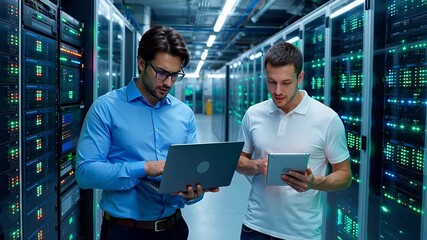 Two men working with laptops in a server room - Powered by Adobe