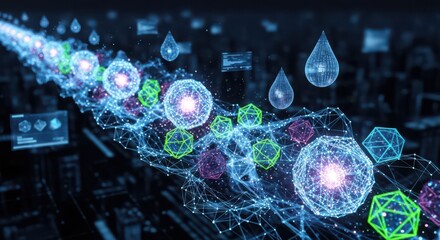 Glowing digital network with geometric shapes and water drops abstract technology