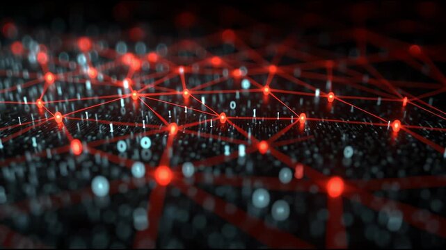 Networked Nexus: a close-up perspective of a complex network illuminated with glowing red nodes and interconnected lines against a dark backdrop, conveying concepts of data, connectivity.