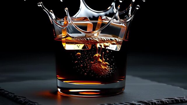 Ice cubes dropping into a glass of amber whiskey creating a dramatic liquid splash on a dark slate coaster in a cinematic 3D animation, ideal for luxury beverage commercials.