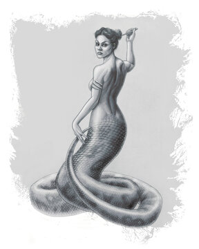 Echidna Greek Goddess Monster, Pencil sketch of a beautiful mermaid serpents tail , a mythical creature, fantasy art