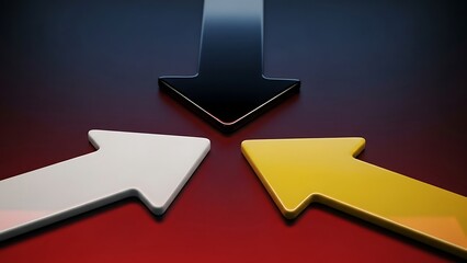 Three arrows converging on a dark red surface direction focus