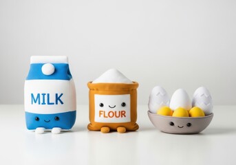 Cute cartoon milk carton flour container and eggs isolated on white background