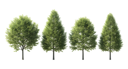 A diverse collection of four isolated broadleaf trees, suitable for architectural visualization and graphic design