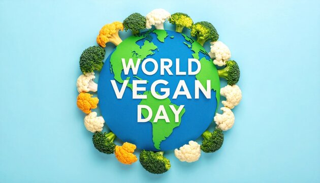 Celebrating World Vegan Day with a focus on sustainable plant-based eating, earth-friendly choices, and a healthy lifestyle, surrounded by fresh vegetables