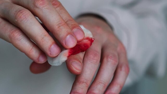 Close-up of blood on a guy's finger.
Close-up of a bloody wound on a man's finger.
Infection, blood, contamination, hand, sponge, disinfection, virus