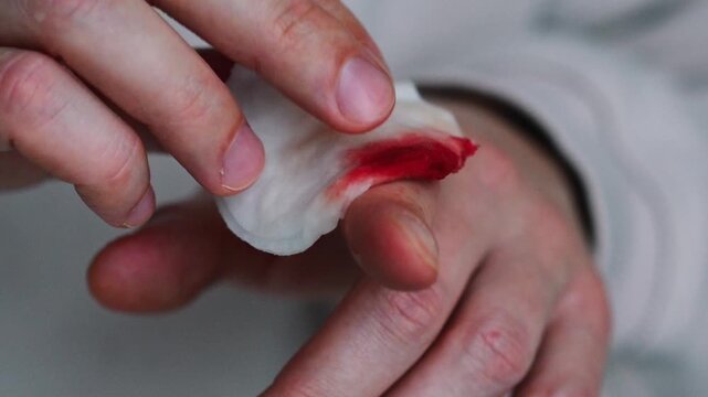 Bleeding on a hand.
Close-up of a bloody finger.
A man wipes his finger with a cotton pad to stop the bleeding and treat the wound with antiseptic.