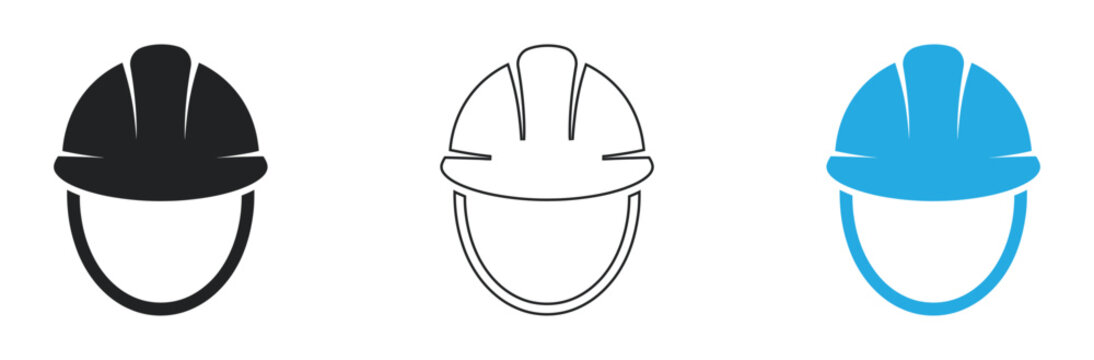 Safety first with construction hard hat icons for your project safety awareness campaign or engineering presentation, featuring black, outline, and blue styles