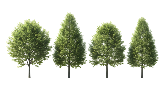 A diverse collection of four isolated broadleaf trees, suitable for architectural visualization and graphic design