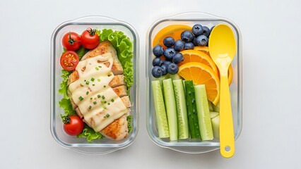Two Glass Meal Prep Containers with Chicken and Fruit Salad healthy eating lunch box