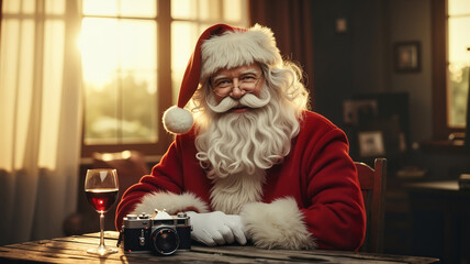 Santa Claus with thoughtful mood sitting at a table against cozy indoor background
