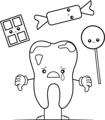 Sad cartoon tooth surrounded by candy and chocolate