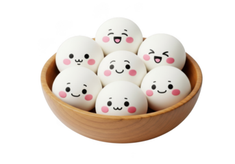 Bowl with cute mochi rice cake balls isolated on transparent background