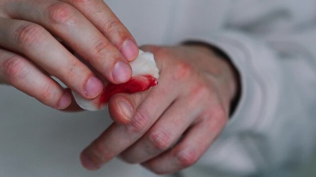 Bleeding on a hand.
Close-up of a bloody finger.
A man wipes his finger with a cotton pad to stop the bleeding and treat the wound with antiseptic.