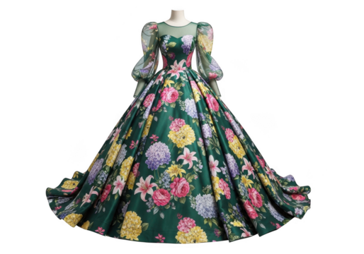 Elegant gown with floral pattern isolated on transparent background