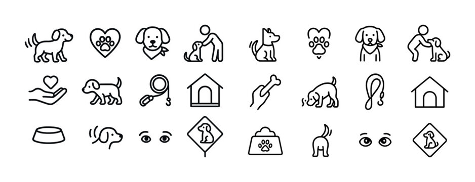 Dog and pet icons: bowls, paws, houses, bones, canines, care