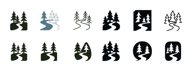 Stylized tree and pathway icons in various silhouettes and colors