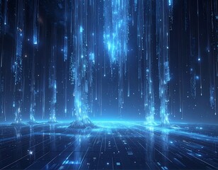 Ethereal blue light streams down, creating a digital waterfall effect on a reflective, tiled surface