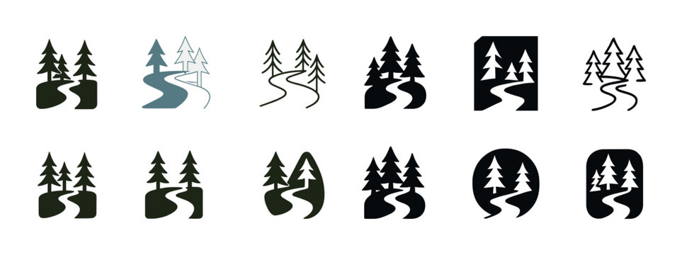 Stylized tree and pathway icons in various silhouettes and colors