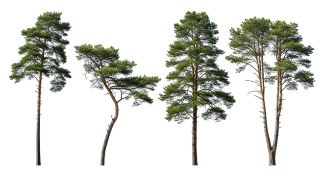 Collection of tall pine trees with green foliage against a white background