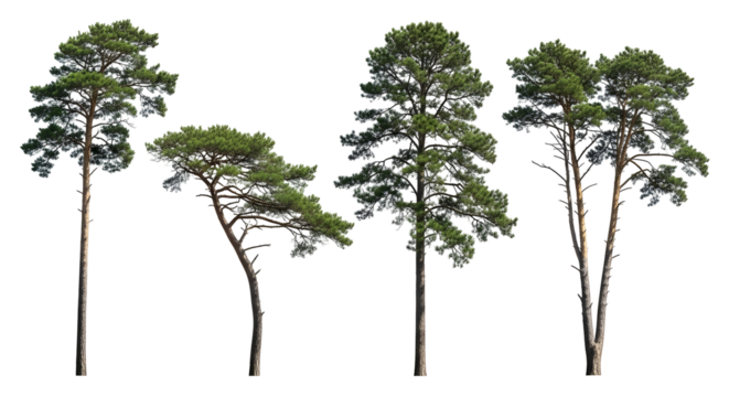 Four Tall Pine Trees with Green Needles Against a White Background