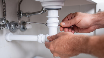 Plumber tightening PVC pipe joints under sink for home plumbing maintenance and leak prevention service