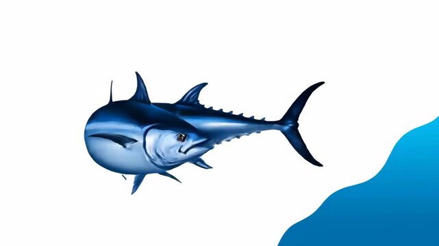 Detailed Blue Tuna Fish Illustration Appearing and Swimming Against a Split Screen Ocean and White Background