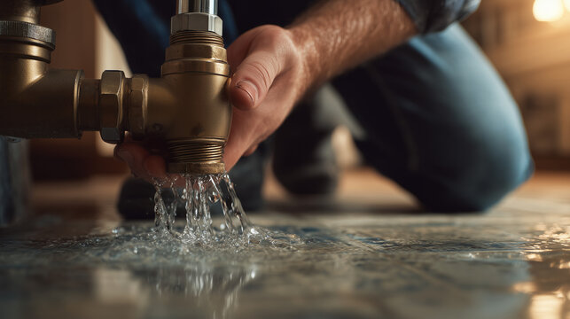 Homeowner closing main water valve to stop leak under kitchen sink during plumbing emergency