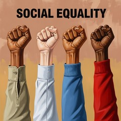 Illustration of diverse raised fists symbolizing social equality and unity