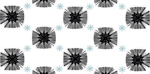 Abstract geometric winter background featuring a seamless repeating pattern of black starburst shapes and light blue snowflakes