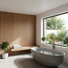 Illustration of stylish bathroom with freestanding tub, wood paneling, and natural light