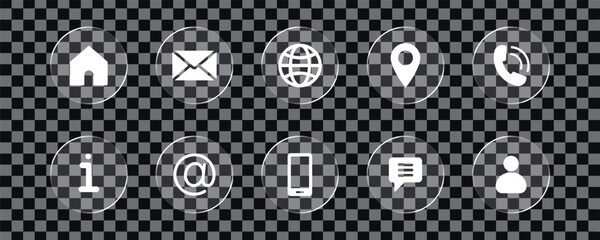 Liquid Glass Vector Contact Icons Set with Home, Email, Location, and More