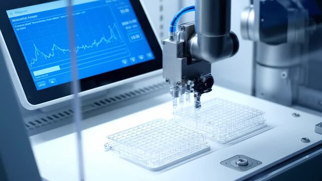 Innovative robotic arm autonomously transferring liquid samples into a multi well plate. Cutting edge laboratory machinery for pharmaceutical investigations