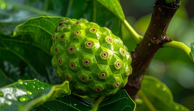 Green noni fruit on tree