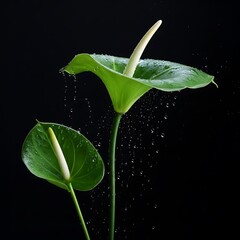 Illustration of green anthurium flowers with water droplets on a dark background