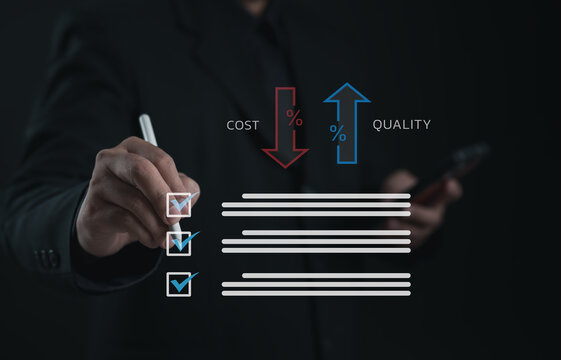 A specialist analyzing a digital interface that compares cost reduction and quality improvement indicators. The graphic illustrates optimization, strategy, performance enhancement, and decision-making