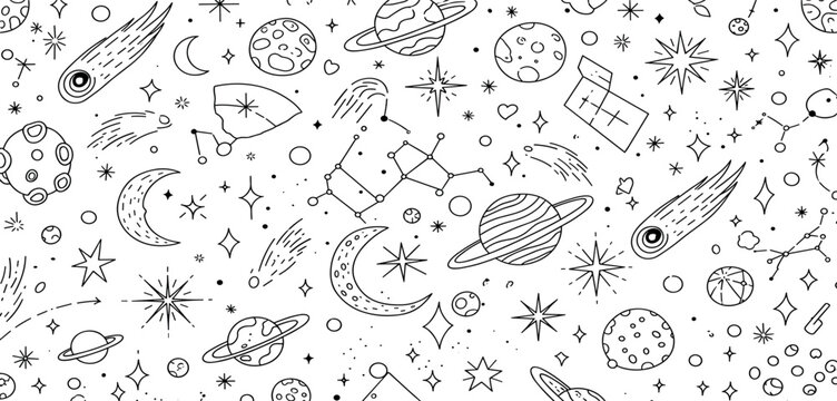 Monochrome cosmic doodle pattern featuring celestial elements like planets, constellations, and meteors in a seamless hand-drawn line art design