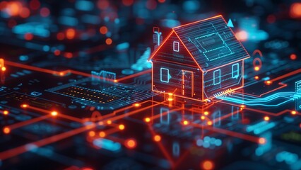 Digital Home Innovation: A glowing digital representation of a house, embedded within an intricate network of data streams, symbolizing the integration of technology and home. 