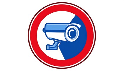 Circular graphic featuring a security camera icon, split blue/white within a red circular frame