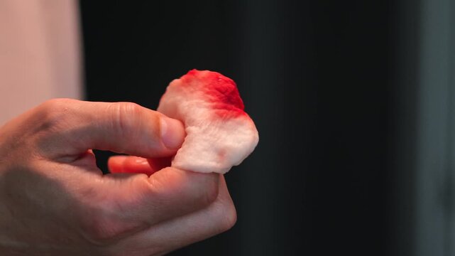 A person stops bleeding on a finger with a cotton swab and disinfects the wound.
Blood on a finger after a knife cut.
Disinfection and treatment of a wound on a hand.
Wound6 body, medicine, blood