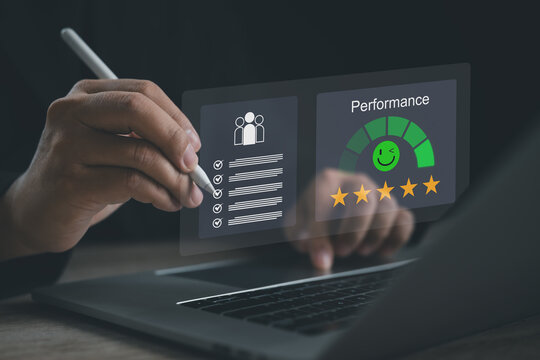 A digital evaluation panel showing checklist items and a performance rating scale as a user interacts with a stylus, representing assessment, productivity improvement, and modern business performance 
